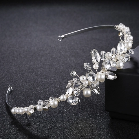 Elegant Handmade Artificial Pearl Flower Bridal Headband Silver Alloy Rhinestone Crown For Wedding Party Photography Women Hair Jewelry