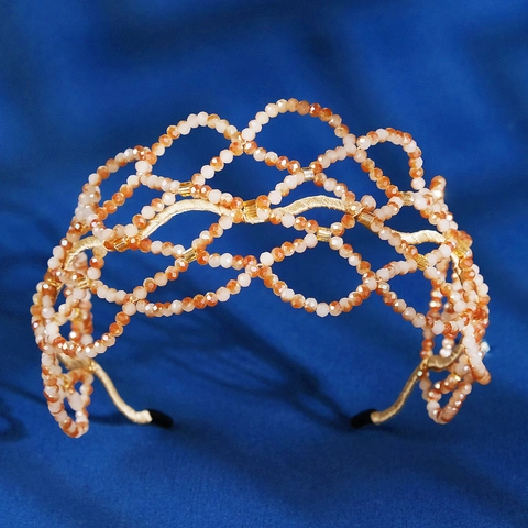 Diadema de Malla de Cristal Artificial Tejida a Mano Elegante Color Champaña Corona de Boda Tocado Mujer Accesorios de Fiesta Novia