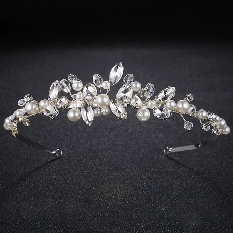 Elegant Handmade Artificial Pearl Flower Bridal Headband Silver Alloy Rhinestone Crown For Wedding Party Photography Women Hair Jewelry