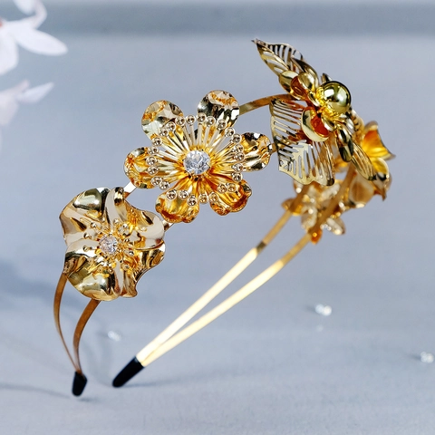 Diadema Nupcial Vintage De Flores Doradas Elegante Doble Capa De Aleación Con Diamantes De Imitación Accesorios De Fotografía De Boda Mujer