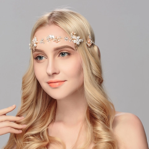 Fascia Sposa Foglia Oro Fatta a Mano Con Süßwasserperle Strass Stile Foresta Accessori Capelli Matrimonio per Donna Festa Vite Capelli