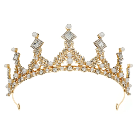 Corona da Sposa in Perla Artificiale Barocca per Donna Oro Argento Lega Strass Tiara Elegante Principessa Compleanno Festa Copricapo