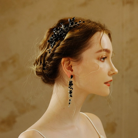 Peine para el Cabello de Strass Negro Hecho a Mano Vintage para Mujeres Novia Boda Halloween Fiesta Accesorios para el Cabello