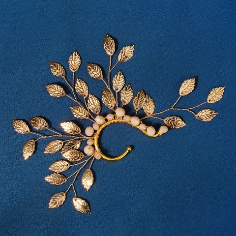 Crochet d'oreille Feuille Vintage Fait Main Fil de Cuivre Ear Cuff pour Femmes Bijoux de Mariage Fête Perle Artificielle Strass Elfe