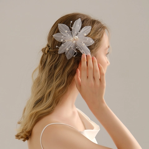 Fermaglio per Capelli da Sposa con Fiore in Rete Fatto a Mano Elegante Oro Bianco Perla Artificiale Strass per Foto di Nozze