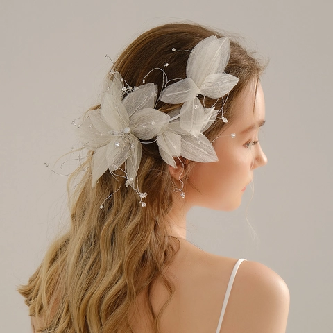 Fermaglio per Capelli da Sposa con Fiore in Rete Fatto a Mano Elegante Oro Bianco Perla Artificiale Strass per Foto di Nozze