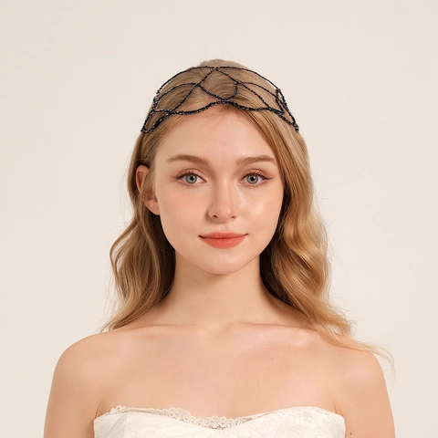 Vintage Handmade Beaded Crystal Mesh Headband For Women Baroque AB Rhinestone Wavy Hair Hoop Wedding Party Accessories