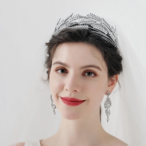 Squisito Set di Gioielli da Sposa in Lega d'Argento Strass Foglia Grano Tiara Corona Con Orecchini Pendenti per Matrimonio Festa Donna