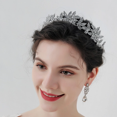 Squisito Set di Gioielli da Sposa in Lega d'Argento Strass Foglia Grano Tiara Corona Con Orecchini Pendenti per Matrimonio Festa Donna