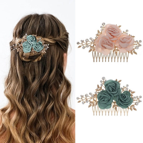 Peigne à Cheveux de Mariage Floral Fait à la Main Vintage Rose Fleur en Satin Strass Alliage Feuille Accessoires de Mariage Femme