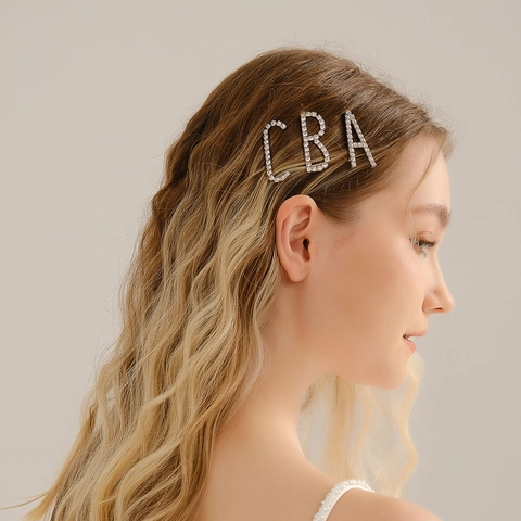 Set di Forcine con Lettere A B C in Strass di Moda Lega Argento Clip Laterali Trendy Accessori per Capelli Donna Gioielli