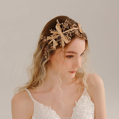 Handmade Bridal Hairband Champagne Gold Artificial Pearl Wheat Ear Ribbon Bow Headpiece Bohemian Wedding Party Women Hair Accessories