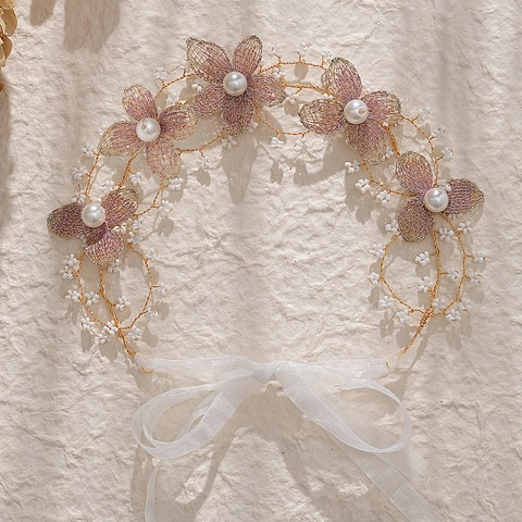 Vintage Handmade Bridal Floral Headband Mesh Flower Imitation Artificial Pearl Wedding Hair Band Gold Romantic Accessory For Women