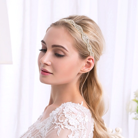 Elegant Wave Rhinestone Hairband Gold Alloy Elastic Bridal Headpiece For Women Wedding Party Photography Hair Accessories
