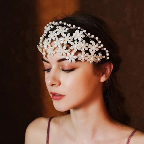 Elegante Cerchietto con Fiori in Acrilico e Künstliche Perle Accessorio per Capelli Sposa Filo d'Oro Fatto a Mano per Matrimonio Banchetto
