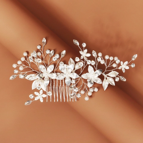 Pettine per Capelli da Sposa con Fiori Argento Lega Strass Perla Artificial Sintetica Vintage Matrimonio Banchetto Copricapo Donna