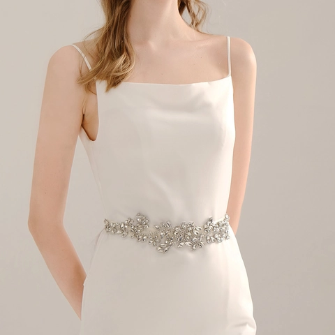 Elegante Cintura a Fascia per Abito da Sposa da Donna Argento Strass Cintura da Sposa Fatta a Mano Nastro di Raso Bianco Gioielli