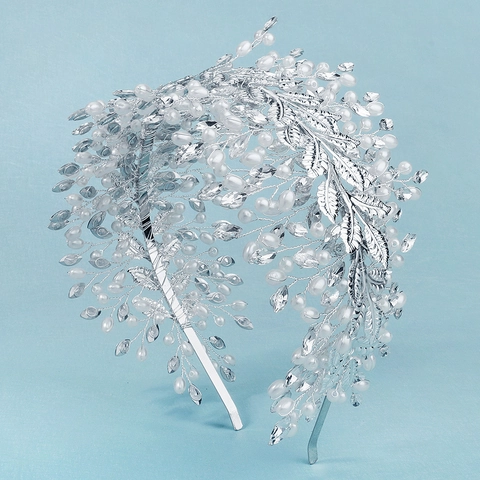 Diadema de Novia Vintage Hecha a Mano de Aleación con Perlas Artificiales y Strass Corona de Boda Patrón de Hojas Accesorios para el Cabello