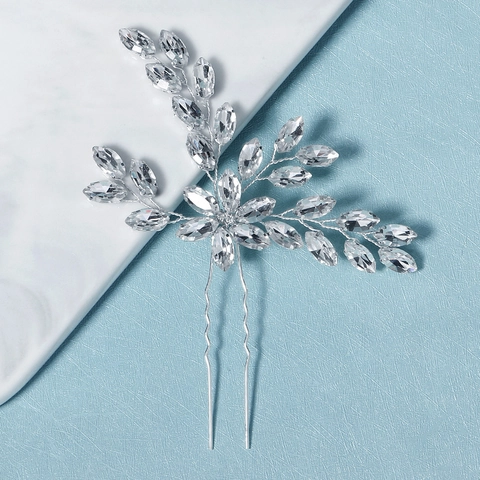 Handmade Marquise Rhinestone Hairpin Vintage Bridal U-shaped Hair Stick Silver Copper Wire Wrapped Hair Accessories For Women