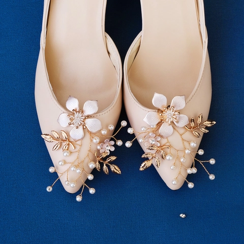Fibbia per Scarpe Fatta a Mano Sposa Matrimonio Fiore in Lega Floreale Perla Artificiale Strass Clip Elegante Accessorio Oro