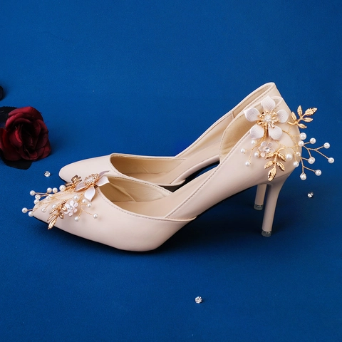Fibbia per Scarpe Fatta a Mano Sposa Matrimonio Fiore in Lega Floreale Perla Artificiale Strass Clip Elegante Accessorio Oro