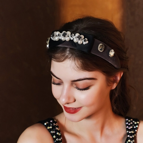 Vintage Samt Schwamm Haarreif Mit Strass Und Künstlicher Perle Schleife High Top名媛 Haarschmuck Für Damen Party Hochzeit
