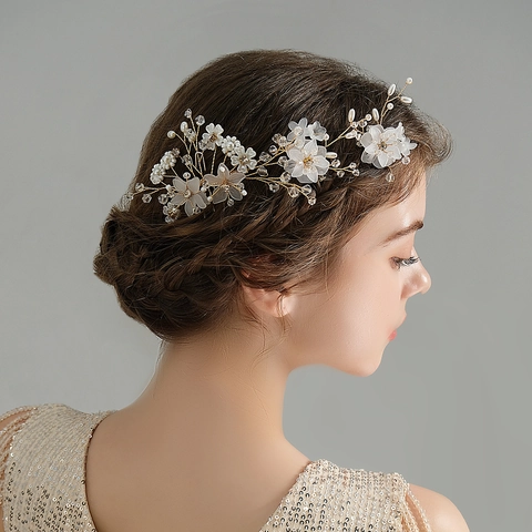 Accessori per Capelli da Sposa Fatti a Mano in Filo d'Oro con Perle Artificiali e Fiori Bianchi Pettine e Forcine