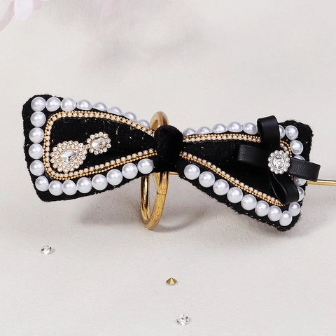 Elegante Fermaglio per Capelli a Fiocco in Velluto Nero per Donna con Perle Artificiali e Strass Molla Retrò Accessorio per Capelli da Sposa