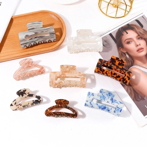 Eleganti Mollette per Capelli a Quadrato Francesi Motivo Marmo e Tartarugato Fermaglio Retrò Cavo per Styling Capelli Donna Folti