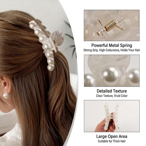 Large PVC Hair Claw Clip With Artificial Pearl Elegant Tortoise Shell Pattern Nonslip Shark Clip For Women Hair Accessories