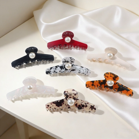 Grande Molla per Capelli con Perla Artificial Francese Vintage Motivo Tartarugato Marmo Elegante Antiscivolo Shark Clip Accessorio Styling Capelli Donna