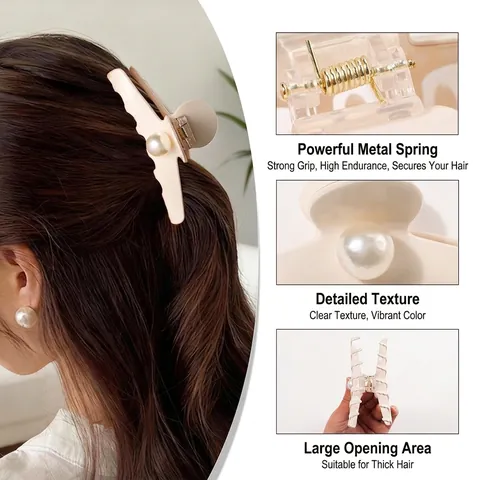 Grande Molla per Capelli con Perla Artificial Francese Vintage Motivo Tartarugato Marmo Elegante Antiscivolo Shark Clip Accessorio Styling Capelli Donna
