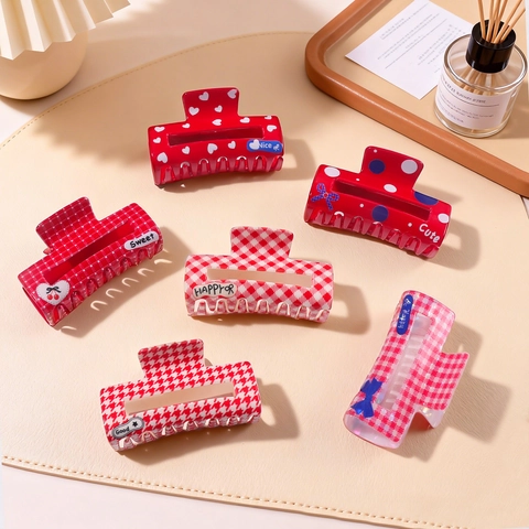 Große Rote Haarkralle Für Damen Gingham Punktmuster Herzmuster Shark Clip Retro Schleife Haarschmuck Süß Styling Tools