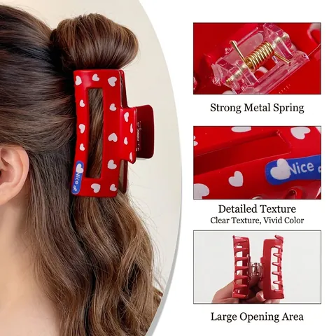 Große Rote Haarkralle Für Damen Gingham Punktmuster Herzmuster Shark Clip Retro Schleife Haarschmuck Süß Styling Tools