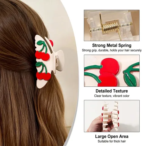Women Fashion Cherry Fruit Hair Claw Clip Large PVC Shark Clip Sweet Headwear Accessory For Daily Commute Hair Styling