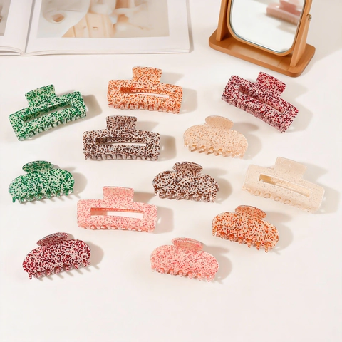 Terrazzo Texture PVC Hair Claw Clip Retro Spotted Pattern Non-Slip Rectangle Arc Hair Clamp For Women Office Daily Styling