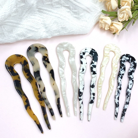 Elegante Acryl U-Vormige Golvende Haarstok Voor Dames Luipaard Marmer Print Haarvork Knot Maker Chique Styling Accessoire