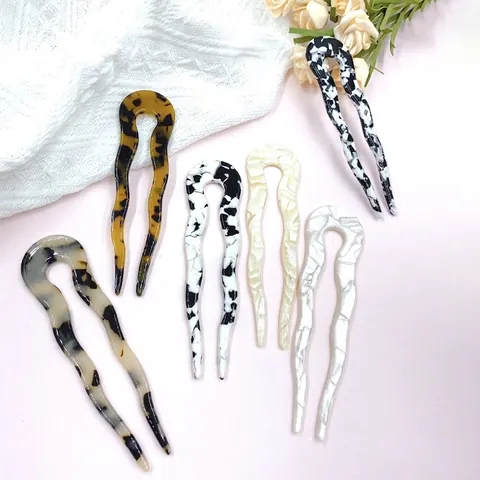 Elegante Acryl U-Vormige Golvende Haarstok Voor Dames Luipaard Marmer Print Haarvork Knot Maker Chique Styling Accessoire