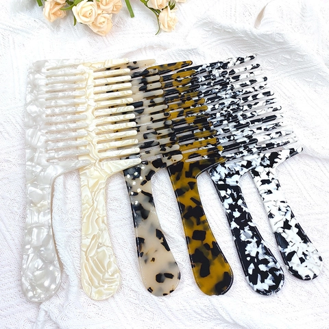 Pettine per Capelli Vintage in Acetato a Manico Lungo Spazzola Districante a Denti Larghi Fantasia Leopardata Tartarugata Marmo per Donna