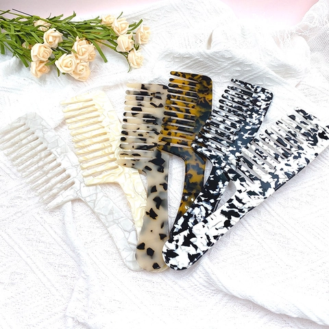 Pettine per Capelli Vintage in Acetato a Manico Lungo Spazzola Districante a Denti Larghi Fantasia Leopardata Tartarugata Marmo per Donna