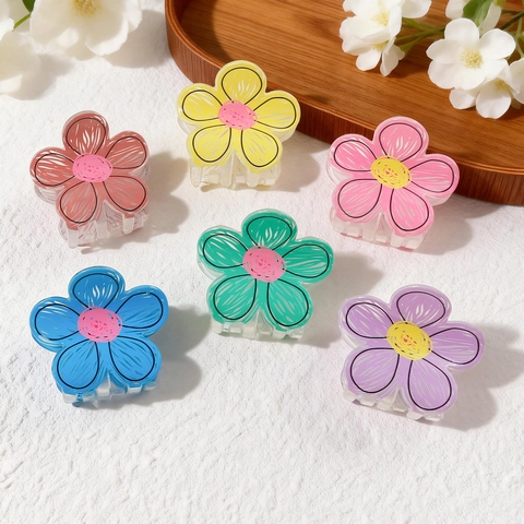Fresh Flower Shaped Acrylic Hair Claw Clip Sweet Doodle Style Floral Hair Accessory For Women Girls Colorful Hair Clips