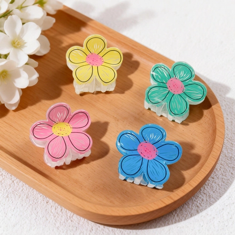 Fresh Flower Shaped Acrylic Hair Claw Clip Sweet Doodle Style Floral Hair Accessory For Women Girls Colorful Hair Clips