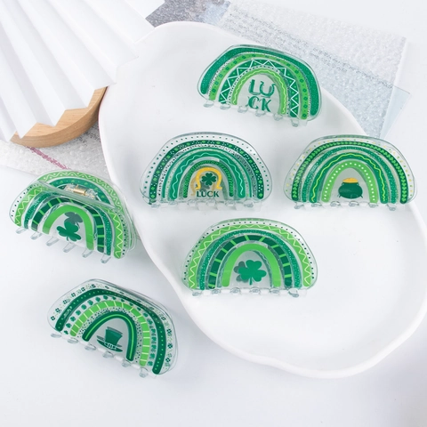 Pinzas para el Pelo Verdes con Trébol y Arcoíris para el Día de San Patricio Mujer Patrón Lucky Pot Of Gold Clips de PVC Accesorios Festivos