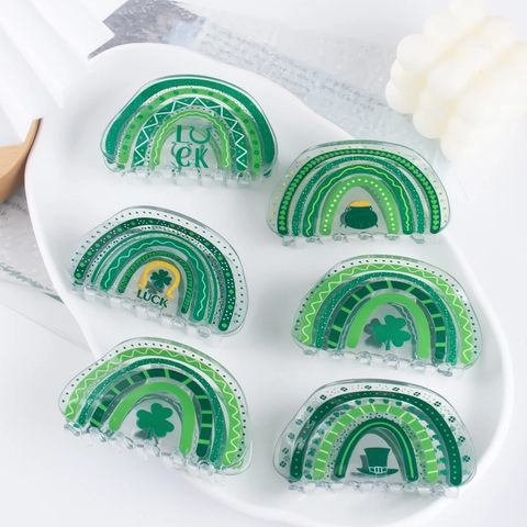 Pinzas para el Pelo Verdes con Trébol y Arcoíris para el Día de San Patricio Mujer Patrón Lucky Pot Of Gold Clips de PVC Accesorios Festivos