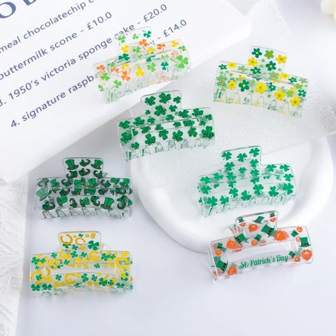 St. Patrick's Day Shamrock Hair Claw Clip Transparent PVC Rectangular Hairpin Lucky Clover Festival Hair Accessories For Women