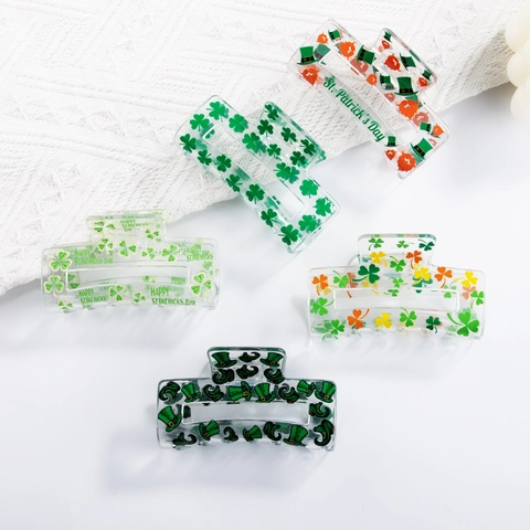 St. Patrick's Day Shamrock Hair Claw Clip Transparent PVC Rectangular Hairpin Lucky Clover Festival Hair Accessories For Women