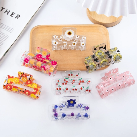 Pinza per Capelli da Donna in PVC Grande Rettangolare con Girasole Ciliegia Stampa Floreale Accessori per Capelli Vintage