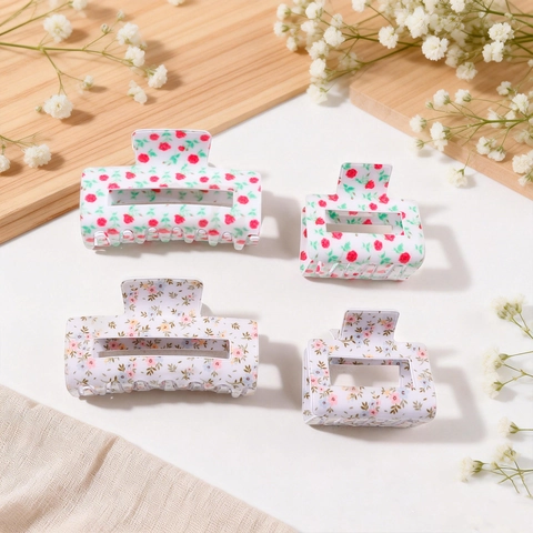 Pinza per Capelli Rettangolare Con Stampa Floreale da Donna Stile Country Francese Modello Rosa Rossa Traforato Antiscivolo