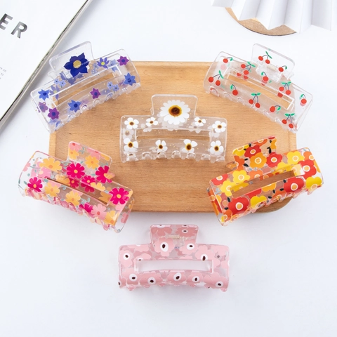 Pinza per Capelli da Donna in PVC Grande Rettangolare con Girasole Ciliegia Stampa Floreale Accessori per Capelli Vintage