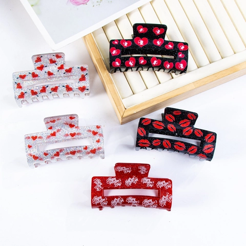 Valentine's Day Acrylic Hair Claw Clip Red Heart Lips Glitter Large Hair Clamp Women Hair Styling Accessories Fashion Jewelry